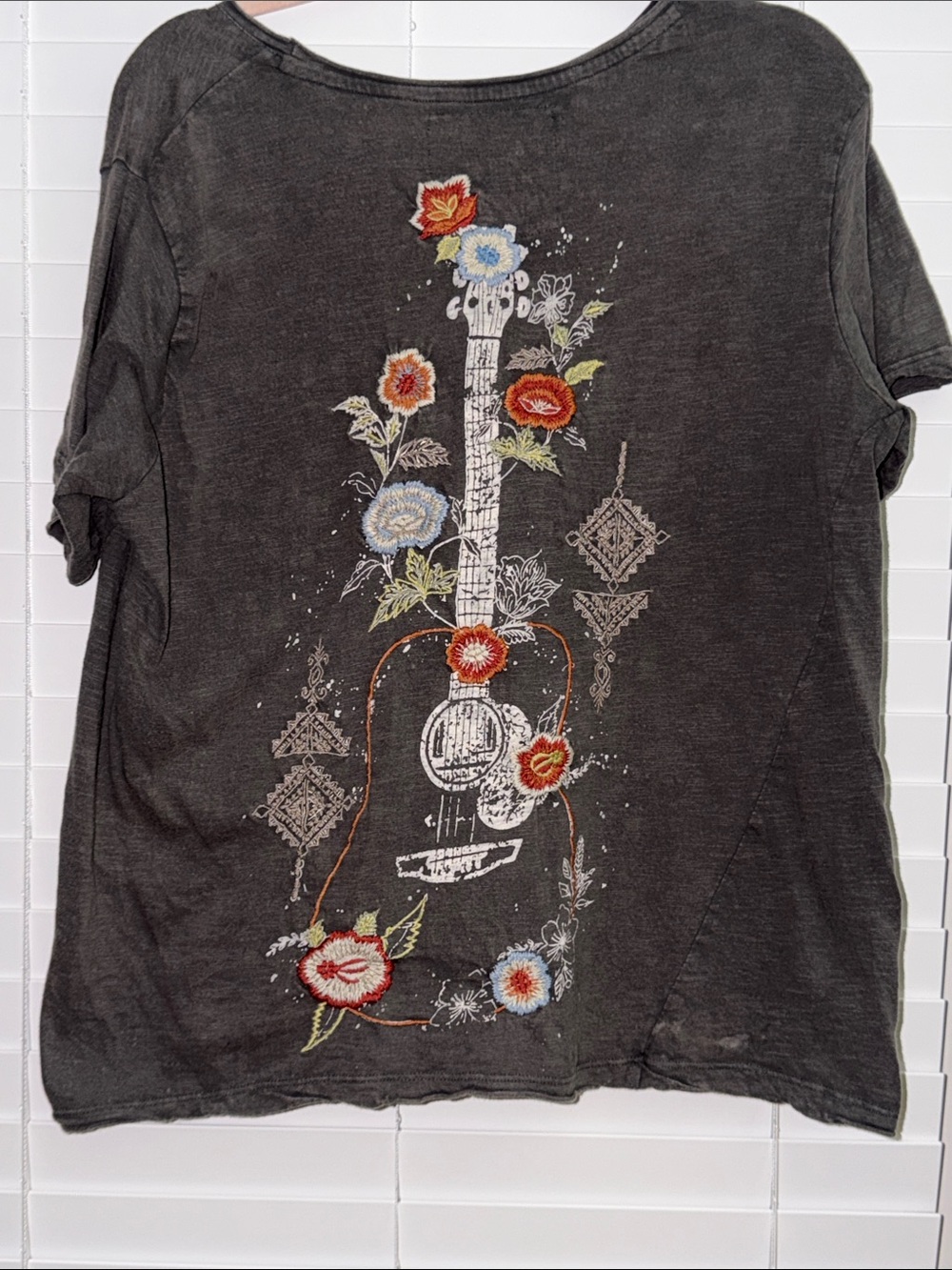 Embroidered Floral Guitar Tunic Top - Black